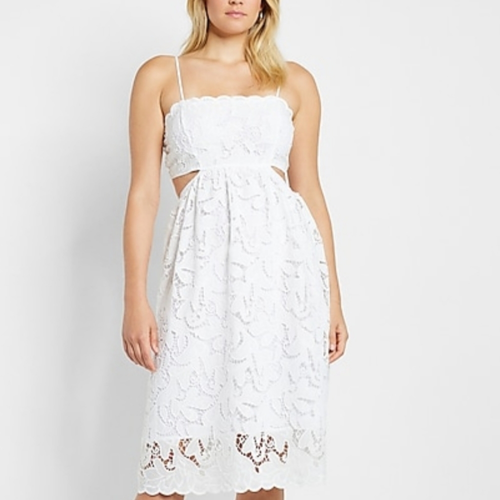 White Lace Tie Back Side Cutout Midi Dress